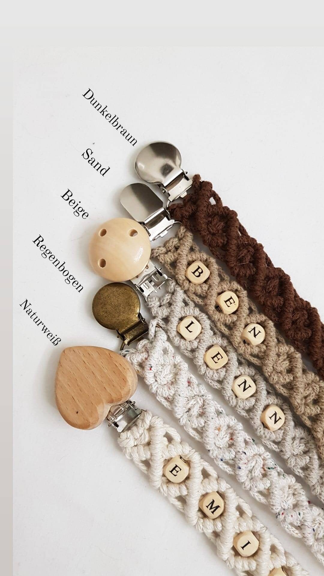 Makramee Schnullerkette öko tex Standard 100 zertifiziert. NATURPRODUKT Schnullerkette mit Namen Geschenk zur Geburt