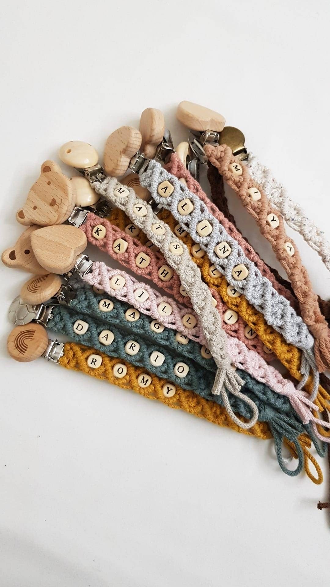 Makramee Schnullerkette öko tex Standard 100 zertifiziert. NATURPRODUKT Schnullerkette mit Namen Geschenk zur Geburt