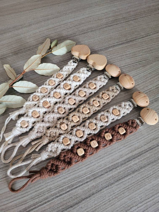 Vintageliebe® PREMIUM Makramee Schnullerkette öko tex Standard 100 zertifiziert. NATURPRODUKT Schnullerkette mit Namen Geschenk zur Geburt