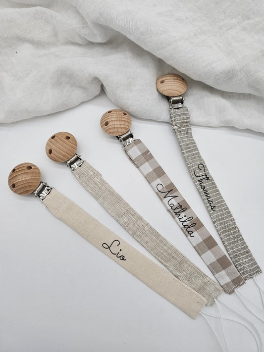 Vintageliebe® | Schnullerkette öko tex Standard 100 zertifiziert aus Baumwolle/ Leinen | Schlichte & elegante Schnullerkette mit Namen