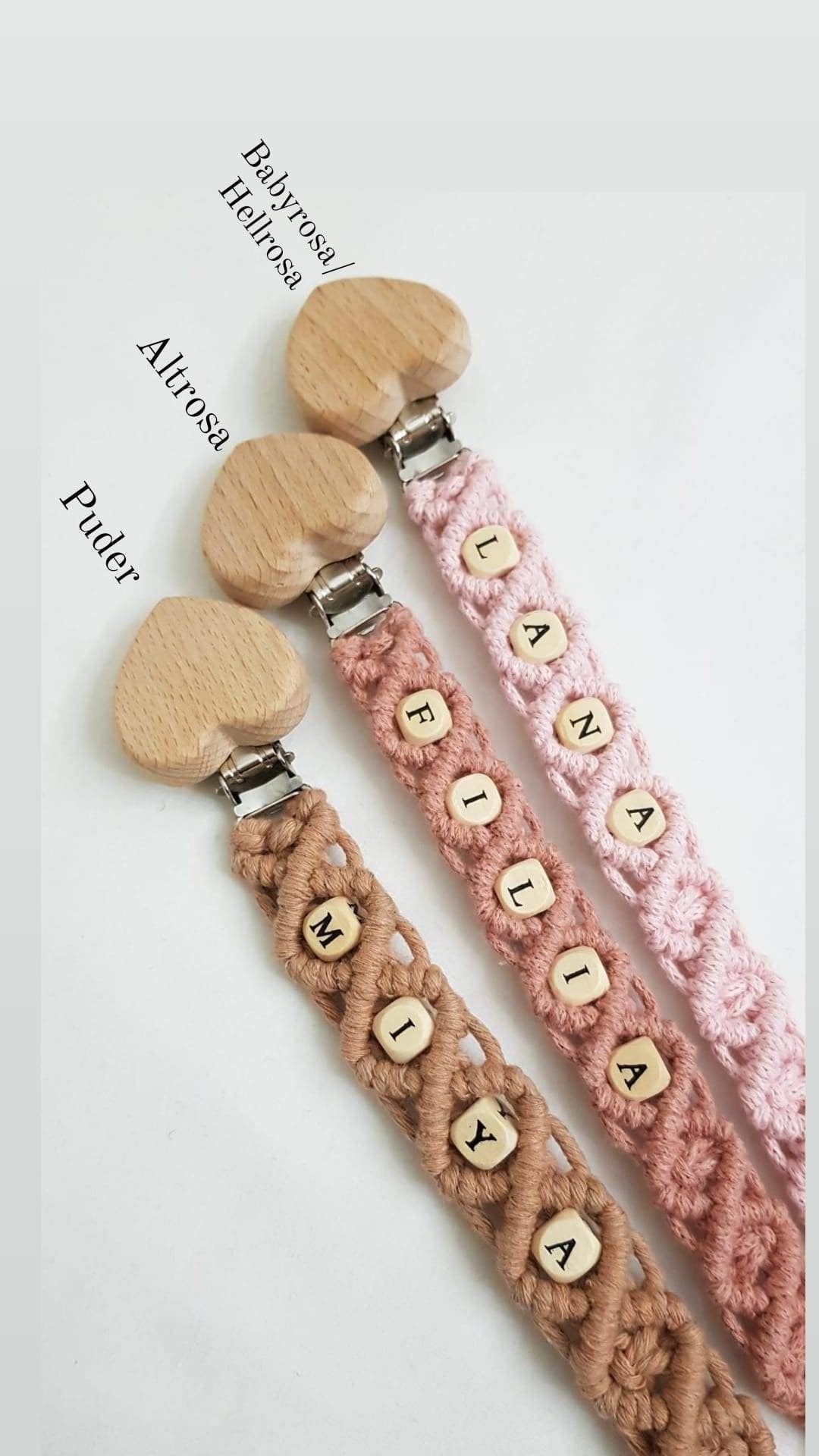 Makramee Schnullerkette öko tex Standard 100 zertifiziert. NATURPRODUKT Schnullerkette mit Namen Geschenk zur Geburt - Vintageliebe® Mein Shop