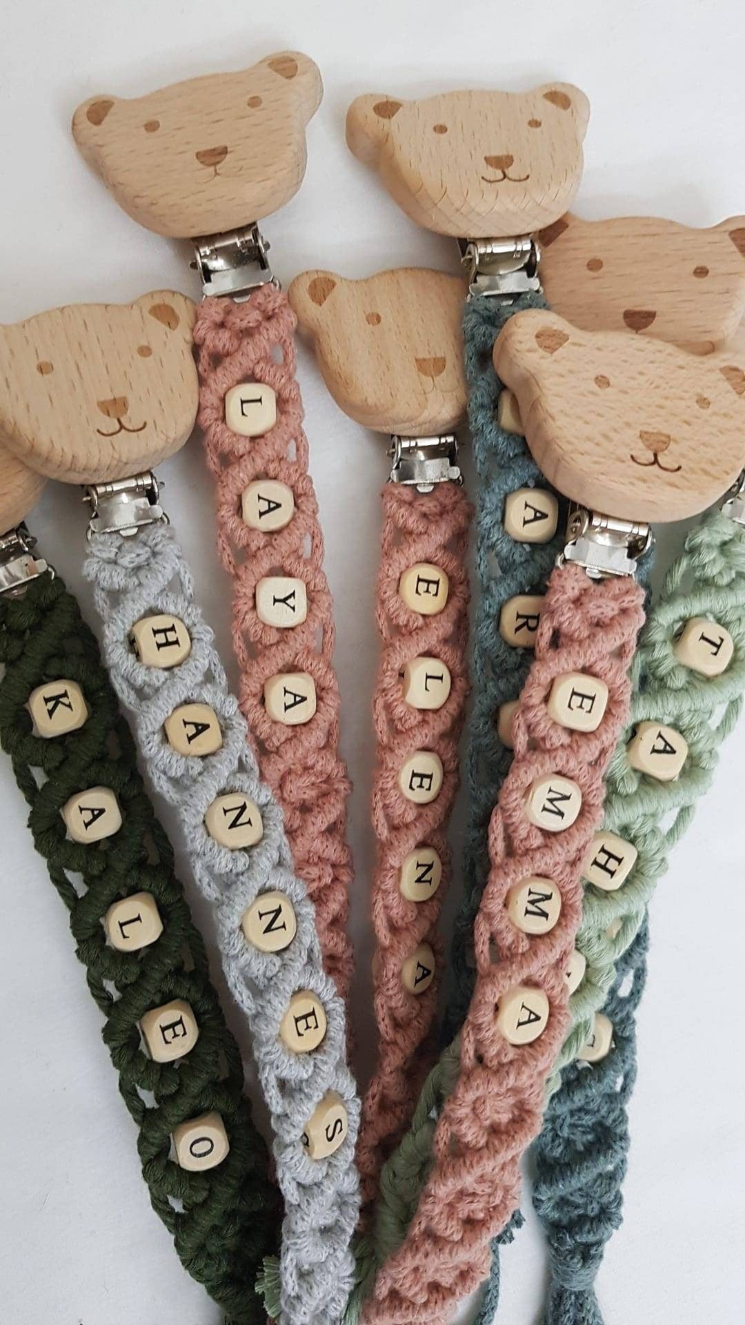 Makramee Schnullerkette öko tex Standard 100 zertifiziert. NATURPRODUKT Schnullerkette mit Namen Geschenk zur Geburt - Vintageliebe® Mein Shop