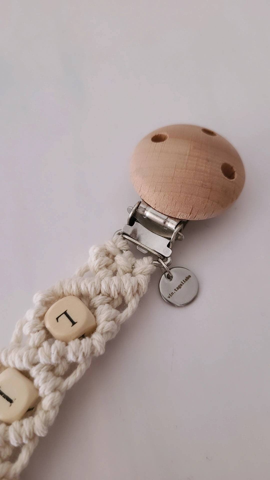 Makramee Schnullerkette öko tex Standard 100 zertifiziert. NATURPRODUKT Schnullerkette mit Namen Geschenk zur Geburt - Vintageliebe® Mein Shop