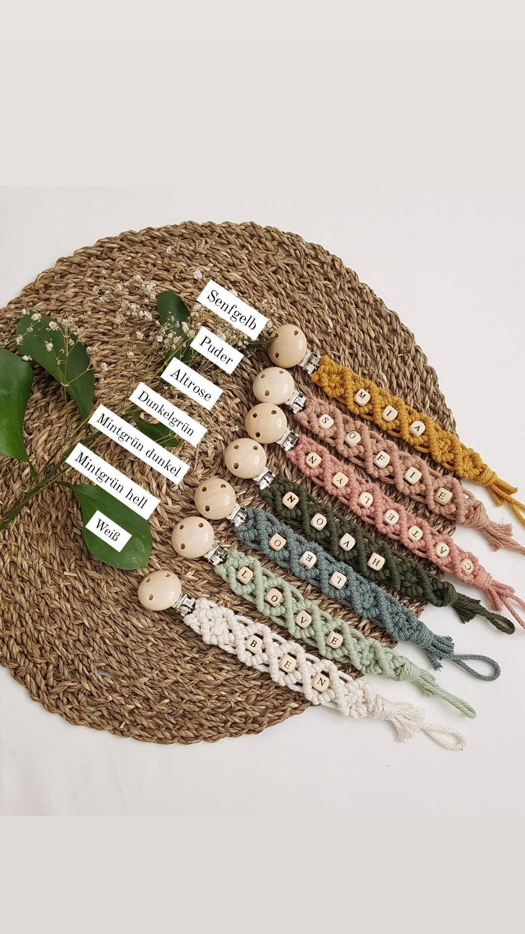 Makramee Schnullerkette öko tex Standard 100 zertifiziert. NATURPRODUKT Schnullerkette mit Namen Geschenk zur Geburt - Vintageliebe® Mein Shop