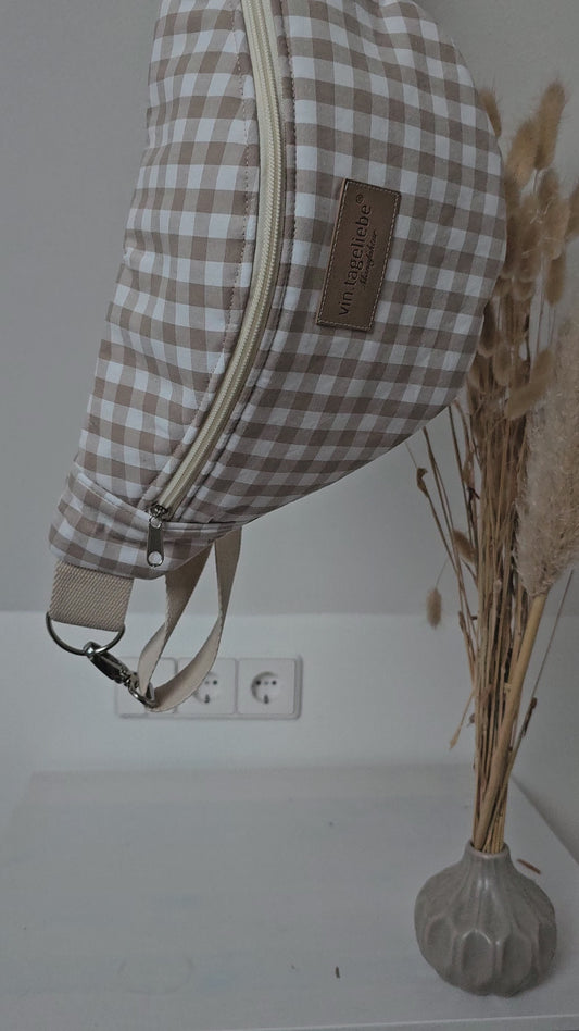 Vintageliebe® Crossbody Bauchtasche beige kariert mit edlem Lederetikett