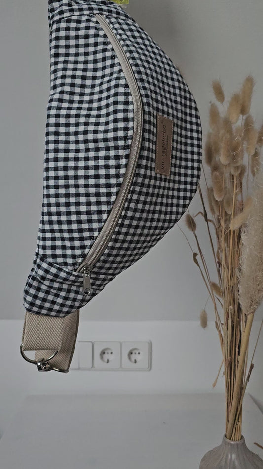 Vintageliebe® Crossbody Bauchtasche blau kariert mit edlem Lederetikett