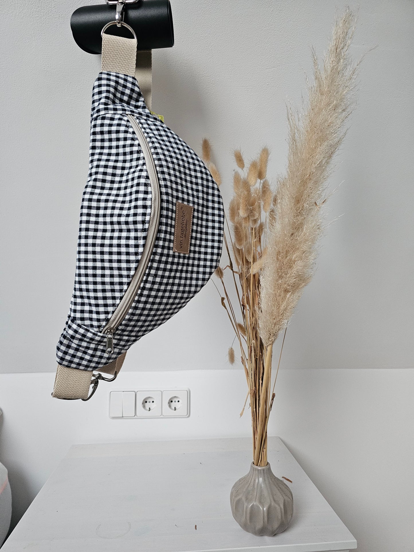 Vintageliebe® Crossbody Bauchtasche blau kariert mit edlem Lederetikett