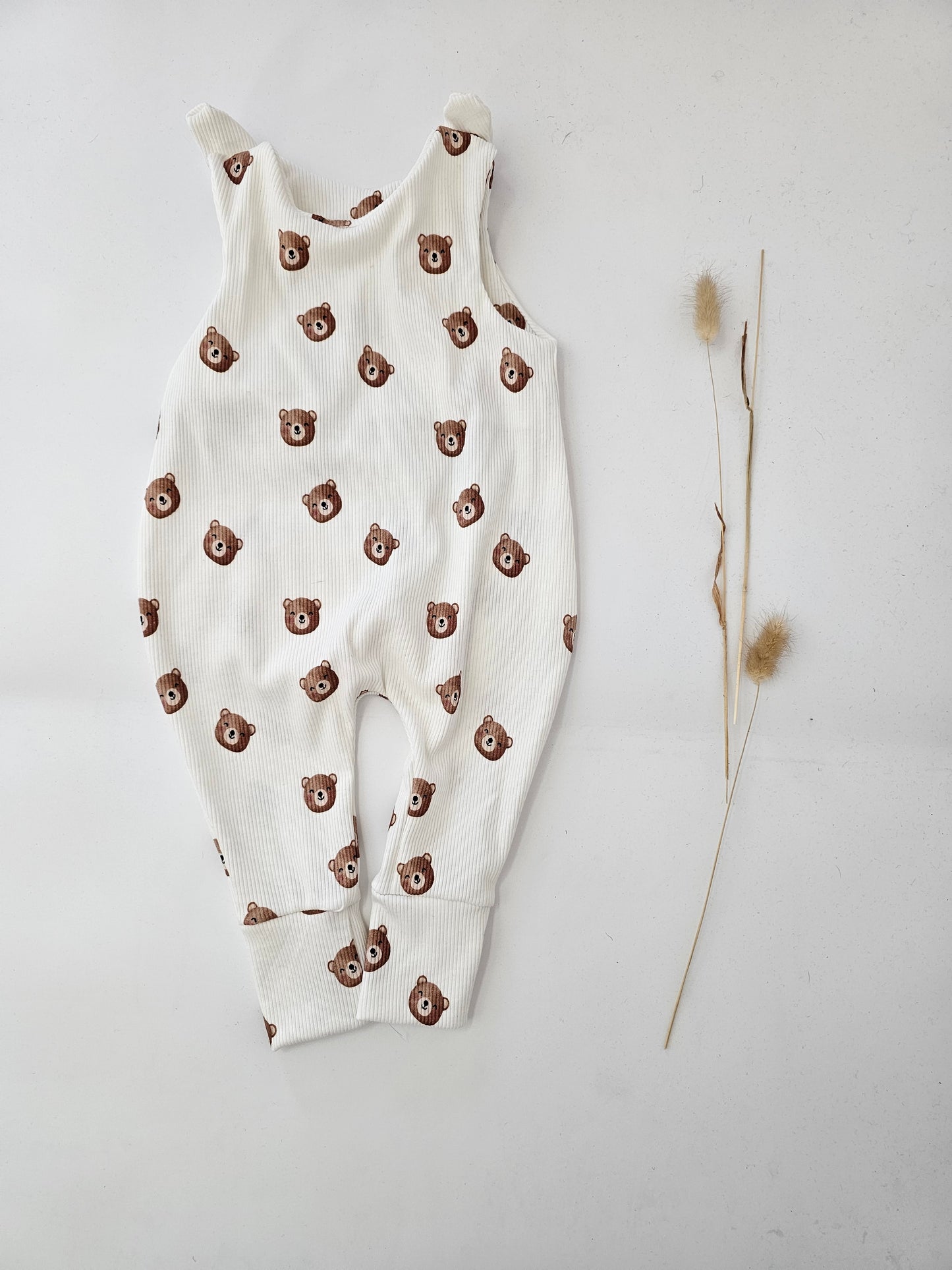 Vintageliebe® edler Strampler beige gestreift aus zertifiziertem Baumwolljersey Bärchen