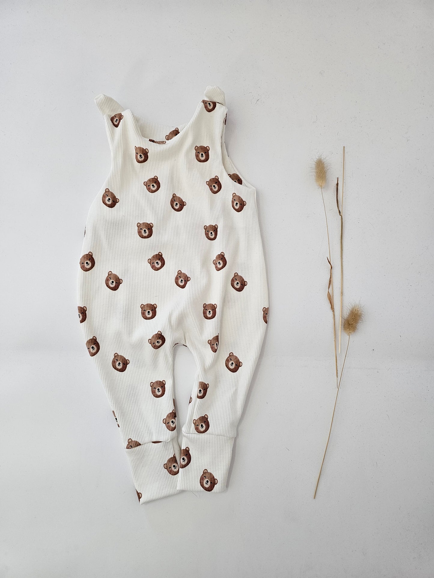 Vintageliebe® edler Strampler beige gestreift aus zertifiziertem Baumwolljersey Bärchen