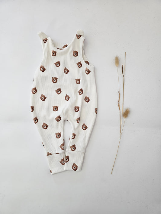 Vintageliebe® edler Strampler beige gestreift aus zertifiziertem Baumwolljersey Bärchen