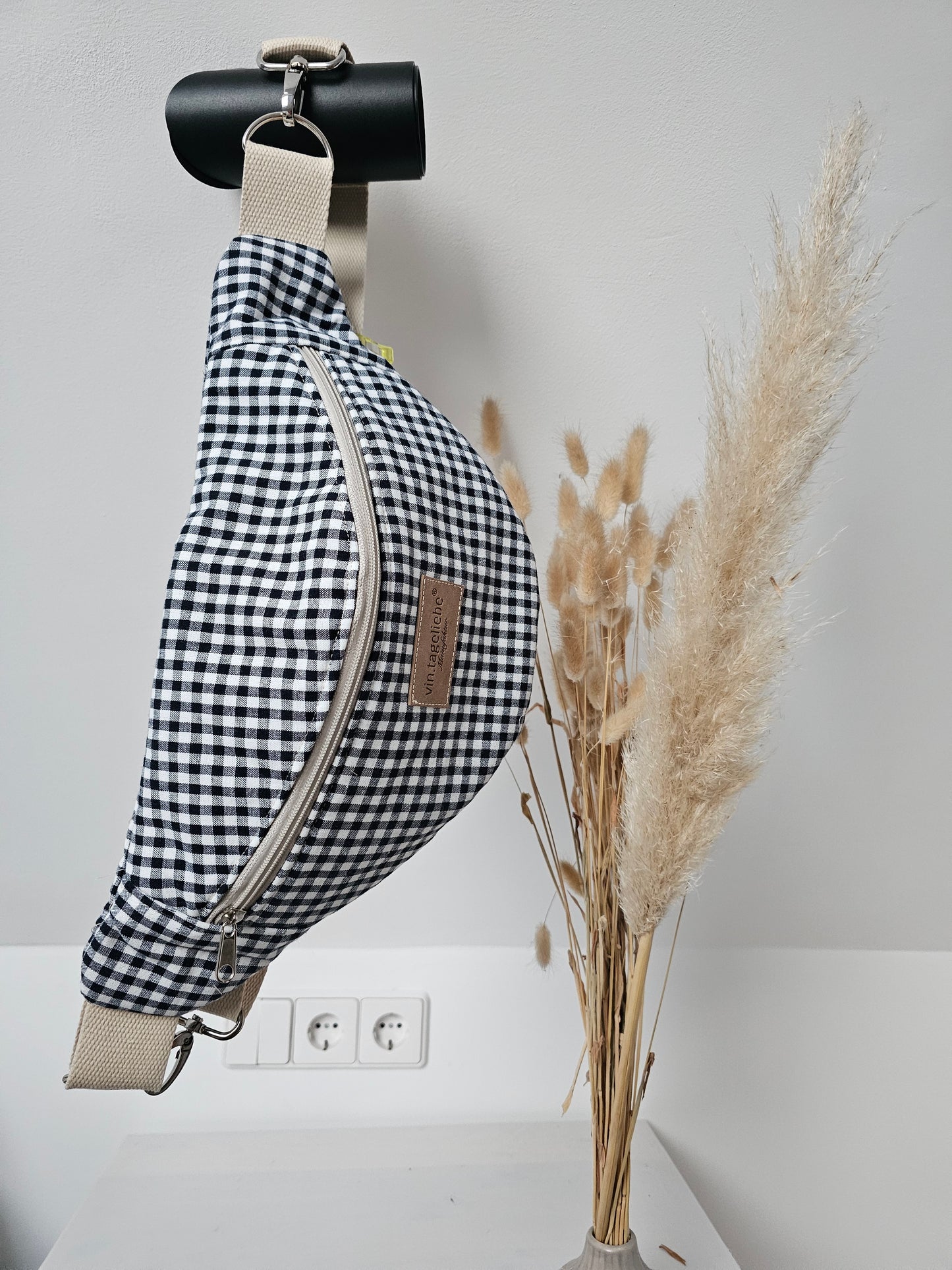 Vintageliebe® Crossbody Bauchtasche blau kariert mit edlem Lederetikett