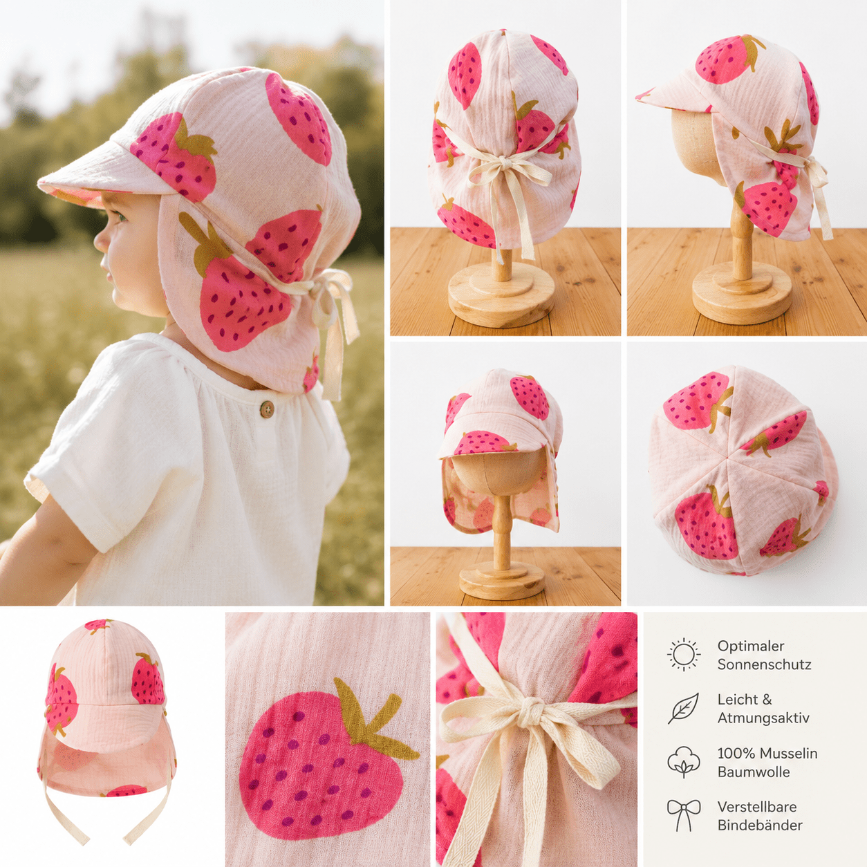 Sonnenhut Musselin Erdbeere – Sommermütze Baby & Kinder – Vintageliebe® Mitwachsmütze - Vintageliebe® Mein Shop