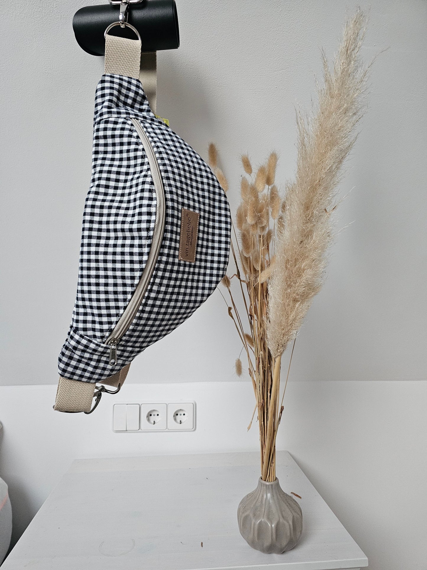Vintageliebe® Crossbody Bauchtasche blau kariert mit edlem Lederetikett - Vintageliebe® Vintageliebe®
