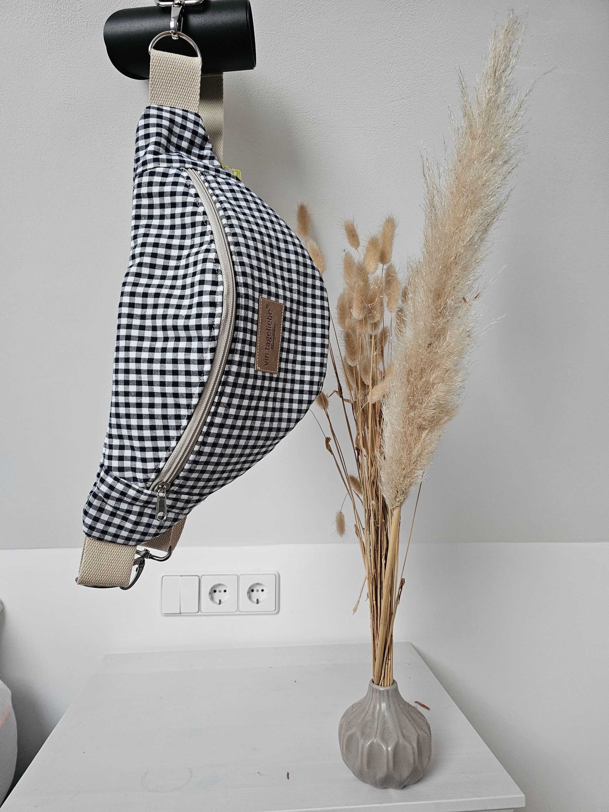 Vintageliebe® Crossbody Bauchtasche blau kariert mit edlem Lederetikett - Vintageliebe® Vintageliebe®