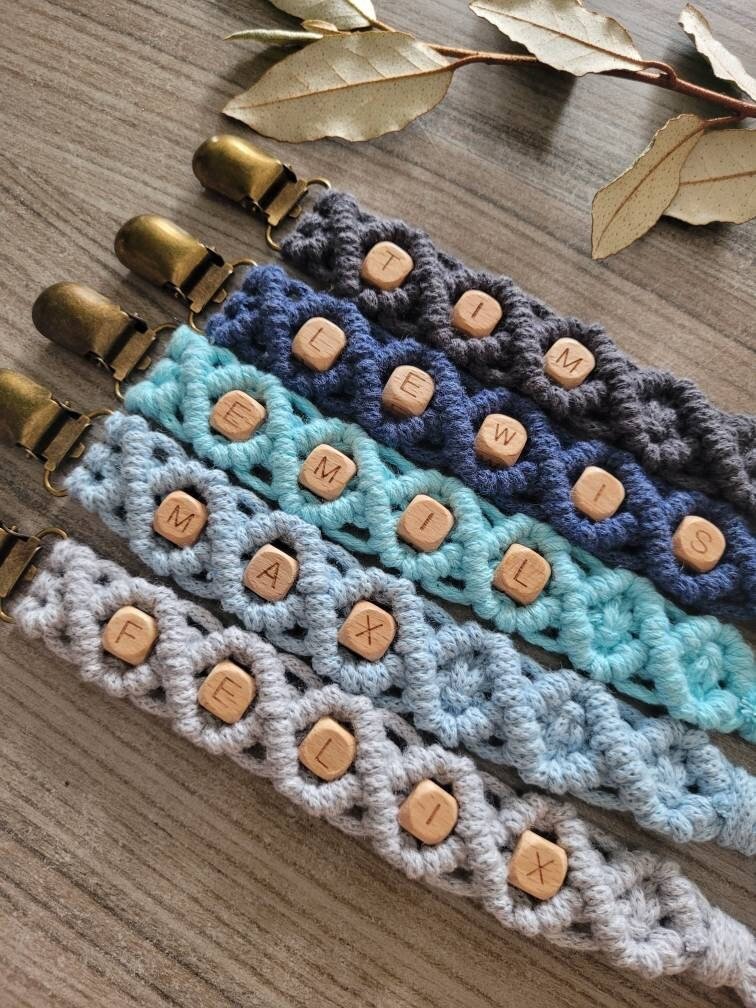 Vintageliebe® PREMIUM Makramee Schnullerkette öko tex Standard 100 zertifiziert. NATURPRODUKT Schnullerkette mit Namen Geschenk zur Geburt - Vintageliebe® Mein Shop