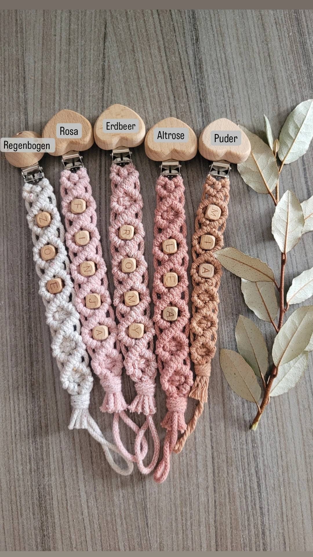 Vintageliebe® PREMIUM Makramee Schnullerkette öko tex Standard 100 zertifiziert. NATURPRODUKT Schnullerkette mit Namen Geschenk zur Geburt - Vintageliebe® Mein Shop