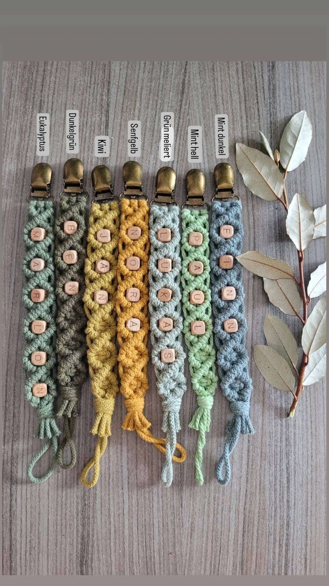 Vintageliebe® PREMIUM Makramee Schnullerkette öko tex Standard 100 zertifiziert. NATURPRODUKT Schnullerkette mit Namen Geschenk zur Geburt - Vintageliebe® Mein Shop