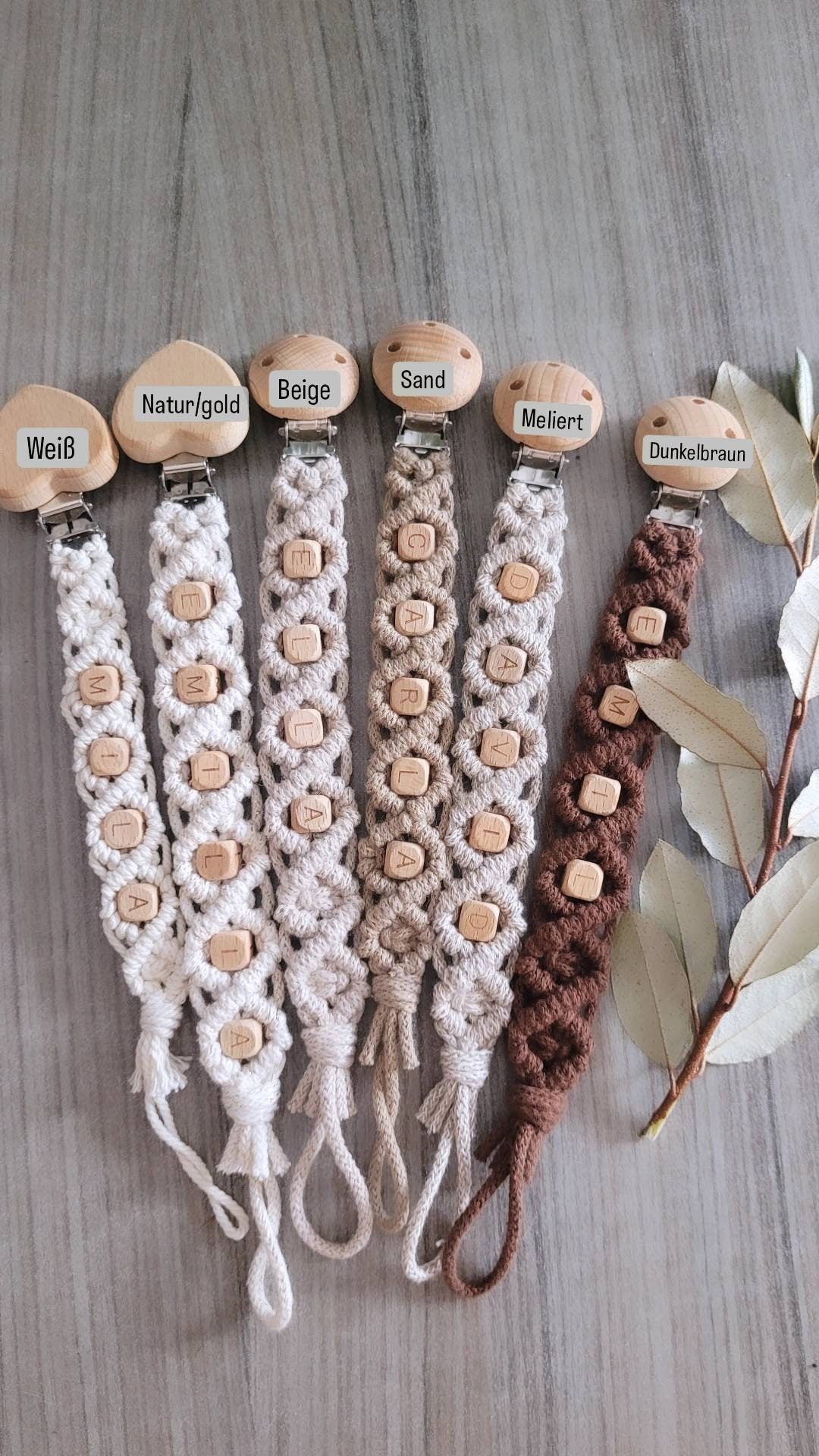 Vintageliebe® PREMIUM Makramee Schnullerkette öko tex Standard 100 zertifiziert. NATURPRODUKT Schnullerkette mit Namen Geschenk zur Geburt - Vintageliebe® Mein Shop