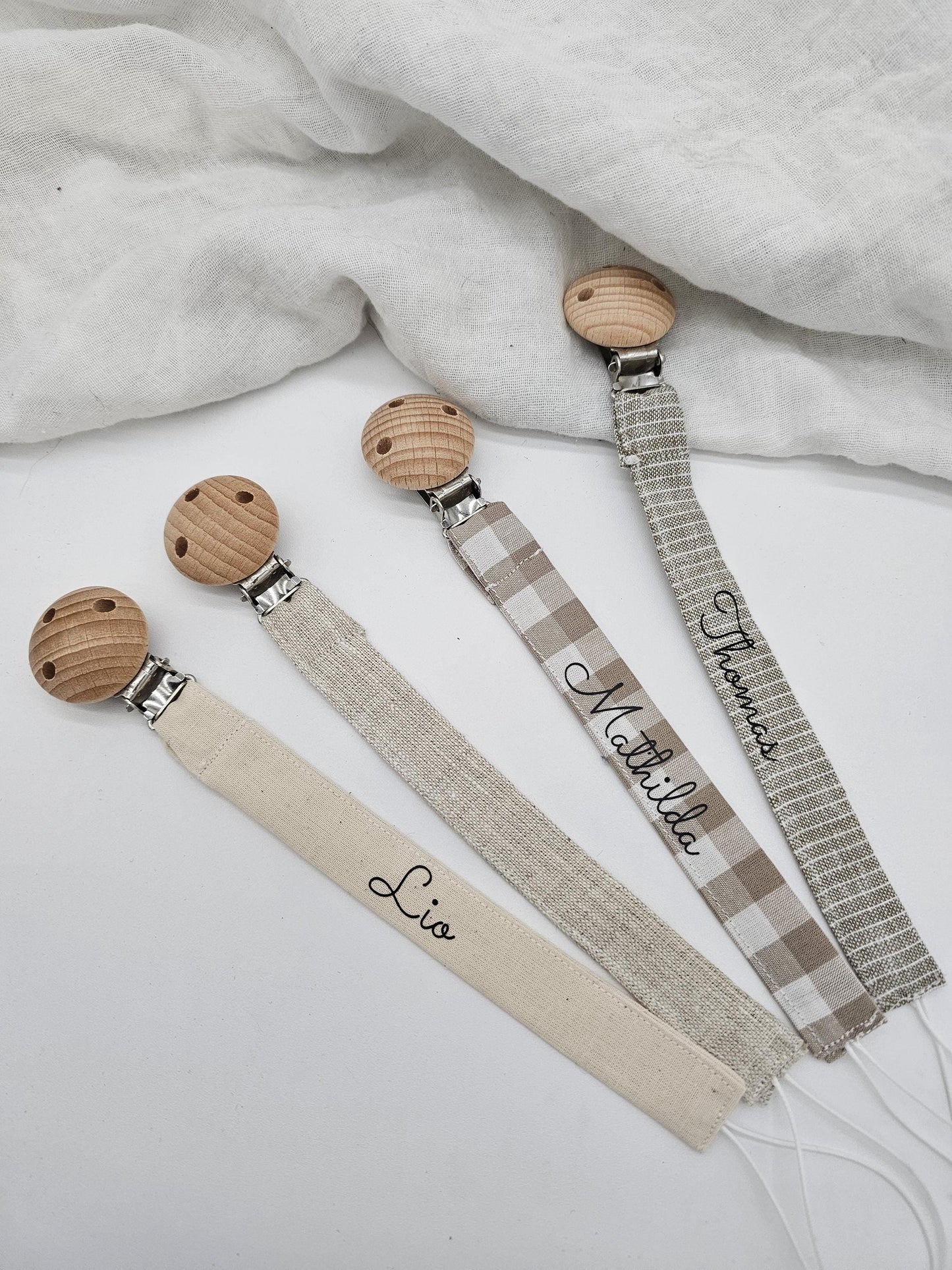 Vintageliebe® | Schnullerkette öko tex Standard 100 zertifiziert aus Baumwolle/ Leinen | Schlichte & elegante Schnullerkette mit Namen - Vintageliebe® Mein Shop