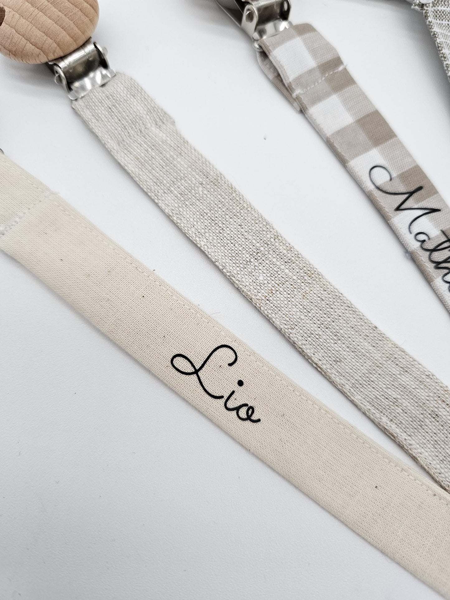 Vintageliebe® | Schnullerkette öko tex Standard 100 zertifiziert aus Baumwolle/ Leinen | Schlichte & elegante Schnullerkette mit Namen - Vintageliebe® Mein Shop