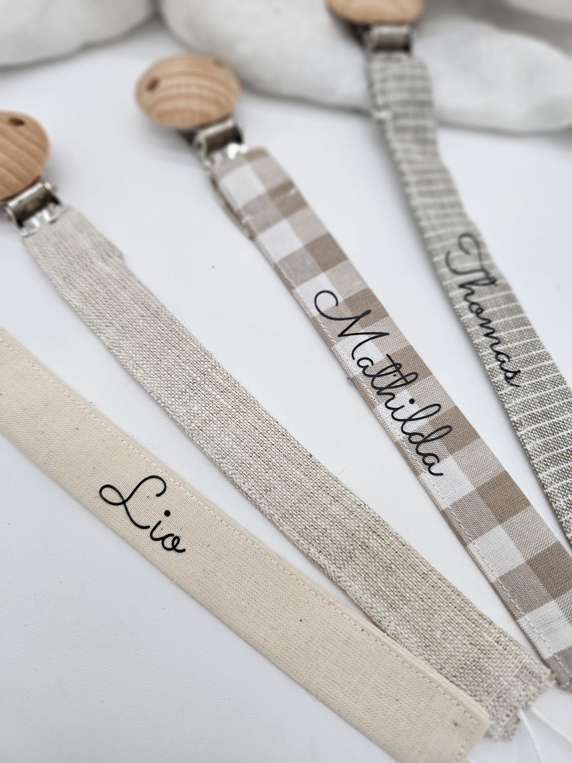 Vintageliebe® | Schnullerkette öko tex Standard 100 zertifiziert aus Baumwolle/ Leinen | Schlichte & elegante Schnullerkette mit Namen - Vintageliebe® Mein Shop