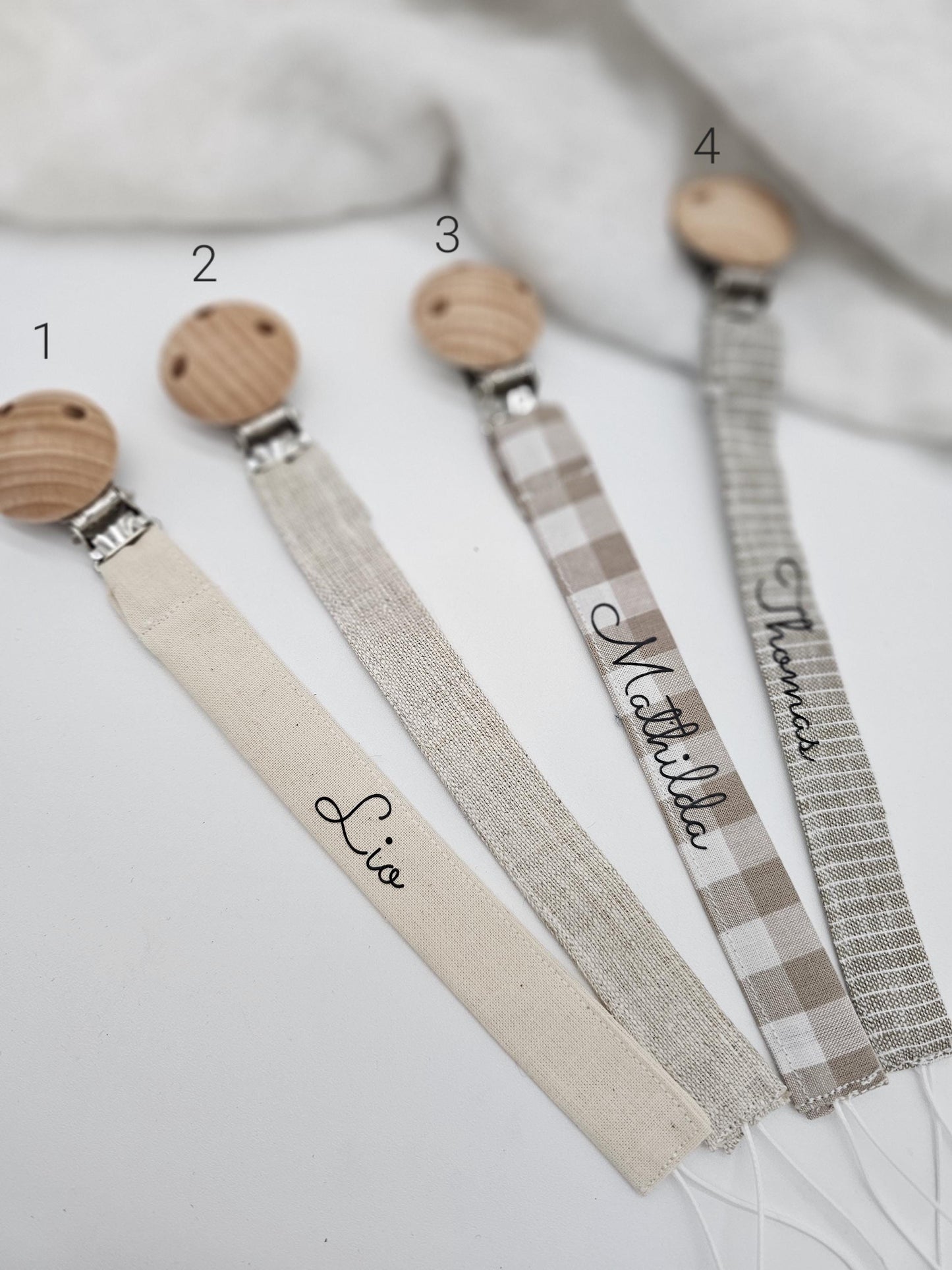 Vintageliebe® | Schnullerkette öko tex Standard 100 zertifiziert aus Baumwolle/ Leinen | Schlichte & elegante Schnullerkette mit Namen - Vintageliebe® Mein Shop